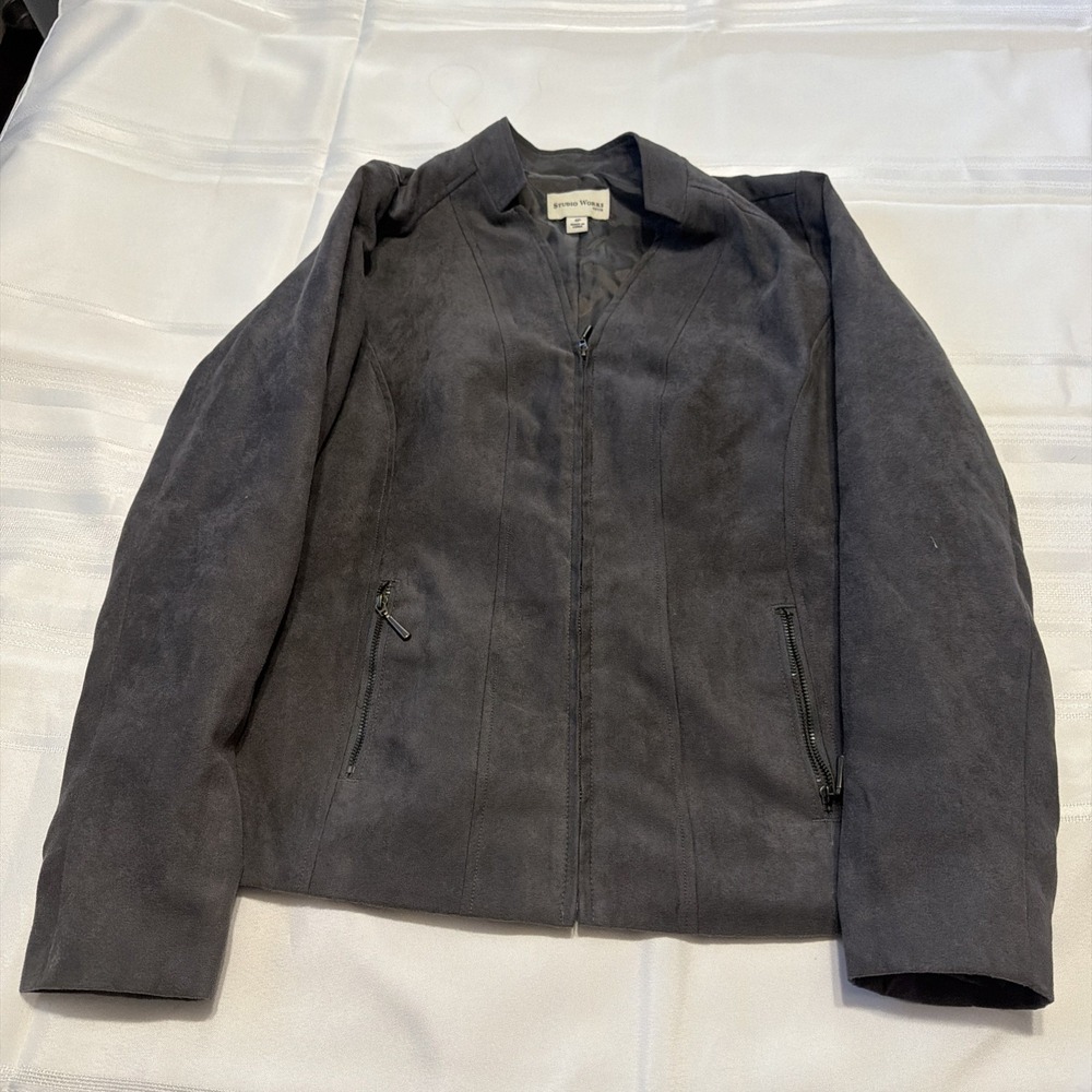 Studio Works Petite Faux Suede Jacket Gray Full Zip Stand Collar Size 4P